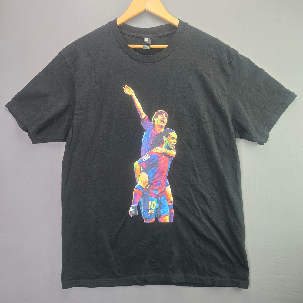 Gildan Messi Ronaldinho Graphic T-Shirt Size L Black FC Barcelona Soccer Pop Art